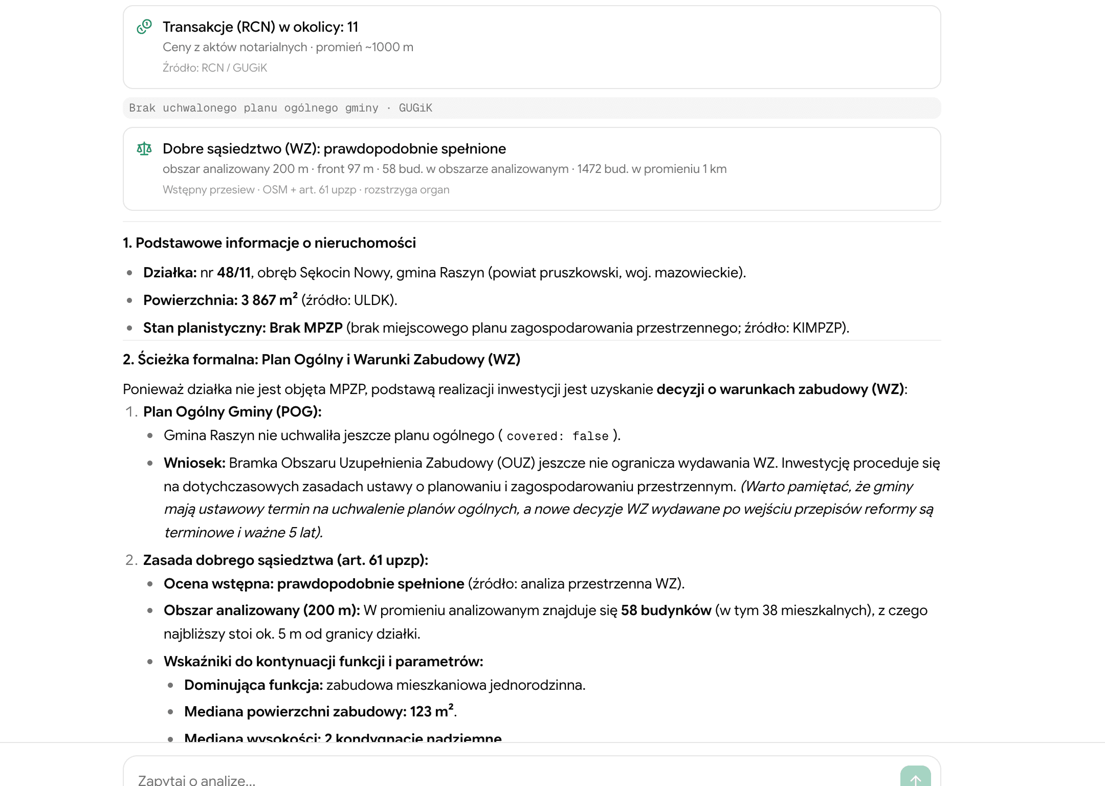 Rozmowa z asystentem: wynik przesiewu pod warunki zabudowy, transakcje RCN w okolicy i ścieżka formalna przez plan ogólny i WZ.