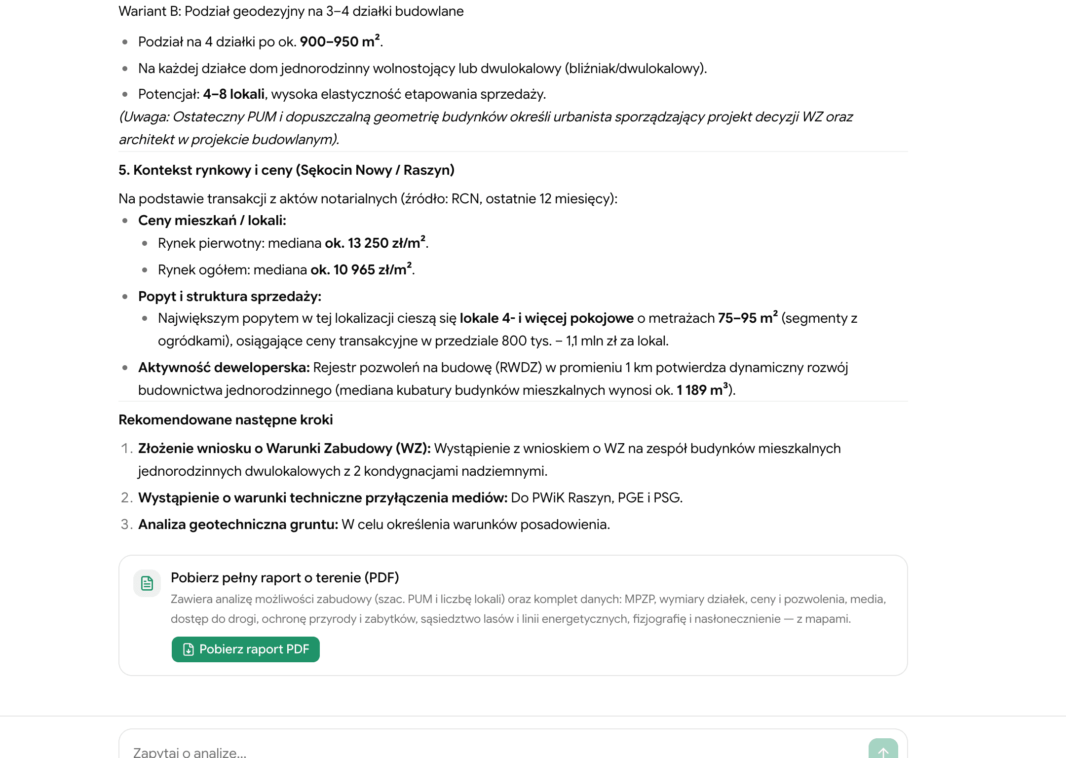 Koniec rozmowy: ceny z okolicy, rekomendowane następne kroki i karta pobierania raportu PDF.