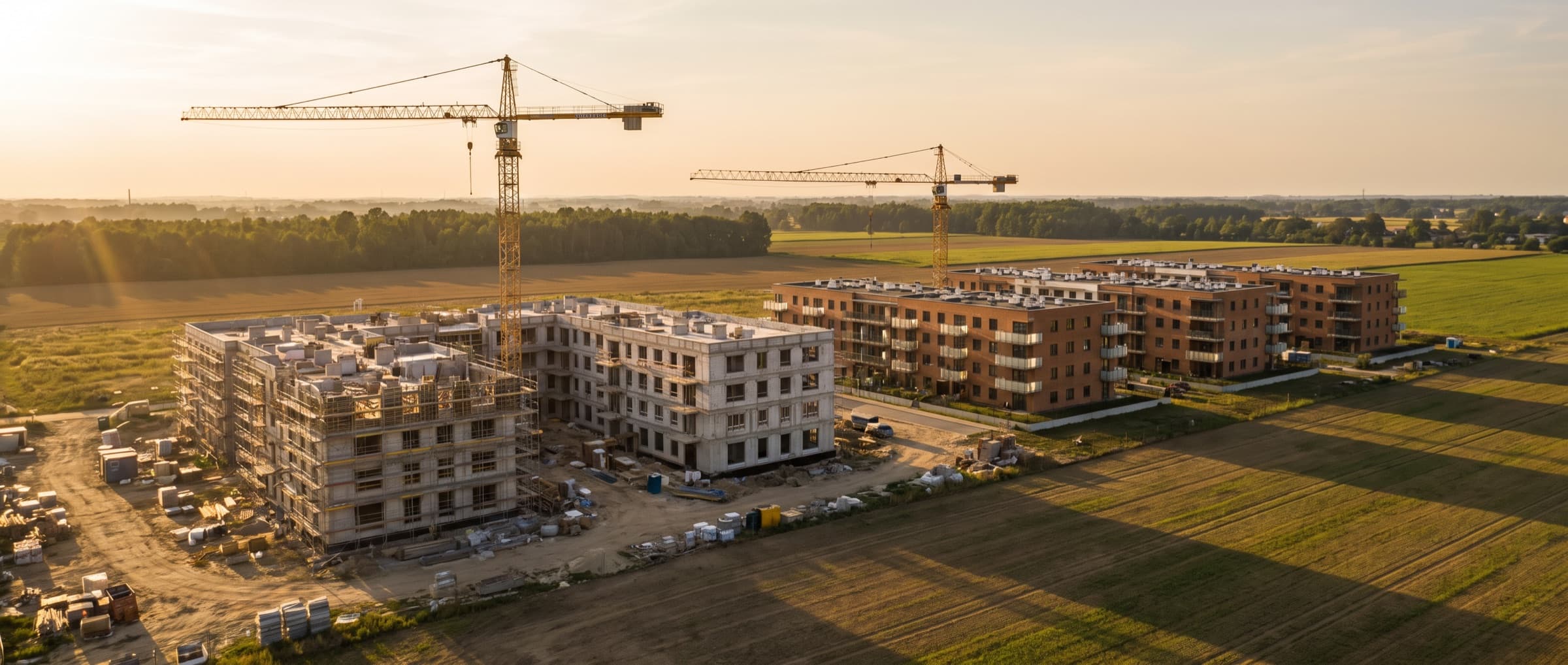 Osiedle wielorodzinne w budowie na obrzeżach miasta, dwa dźwigi i wykończone bloki obok.